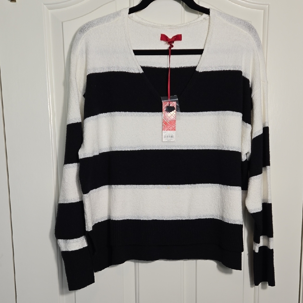 Jennifer Lopez Metallic Striped V‑Neck Sweater L Black White Silver NWT